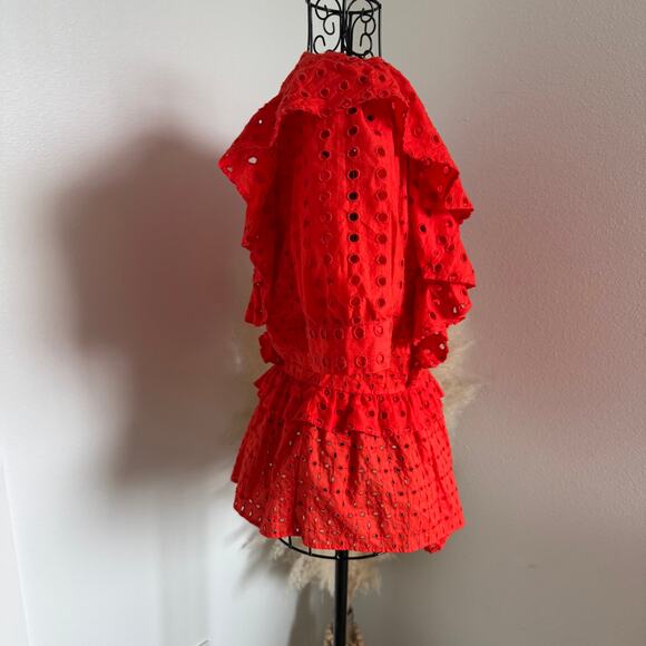 J.Crew Orange Red Eyelet Wrap Cotton Blouse with Ruffle Sleeves – Size Small - Picture 2 of 8